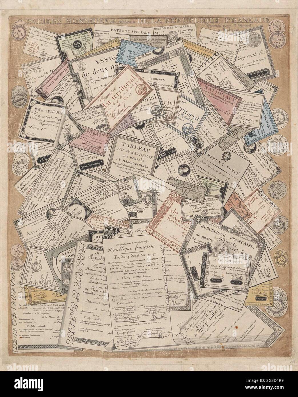 Carta francese; Papiers Monnoies et Autres de la République Française. Carta francese moneta e destra e sinistra sul lato francese monete. Foto Stock