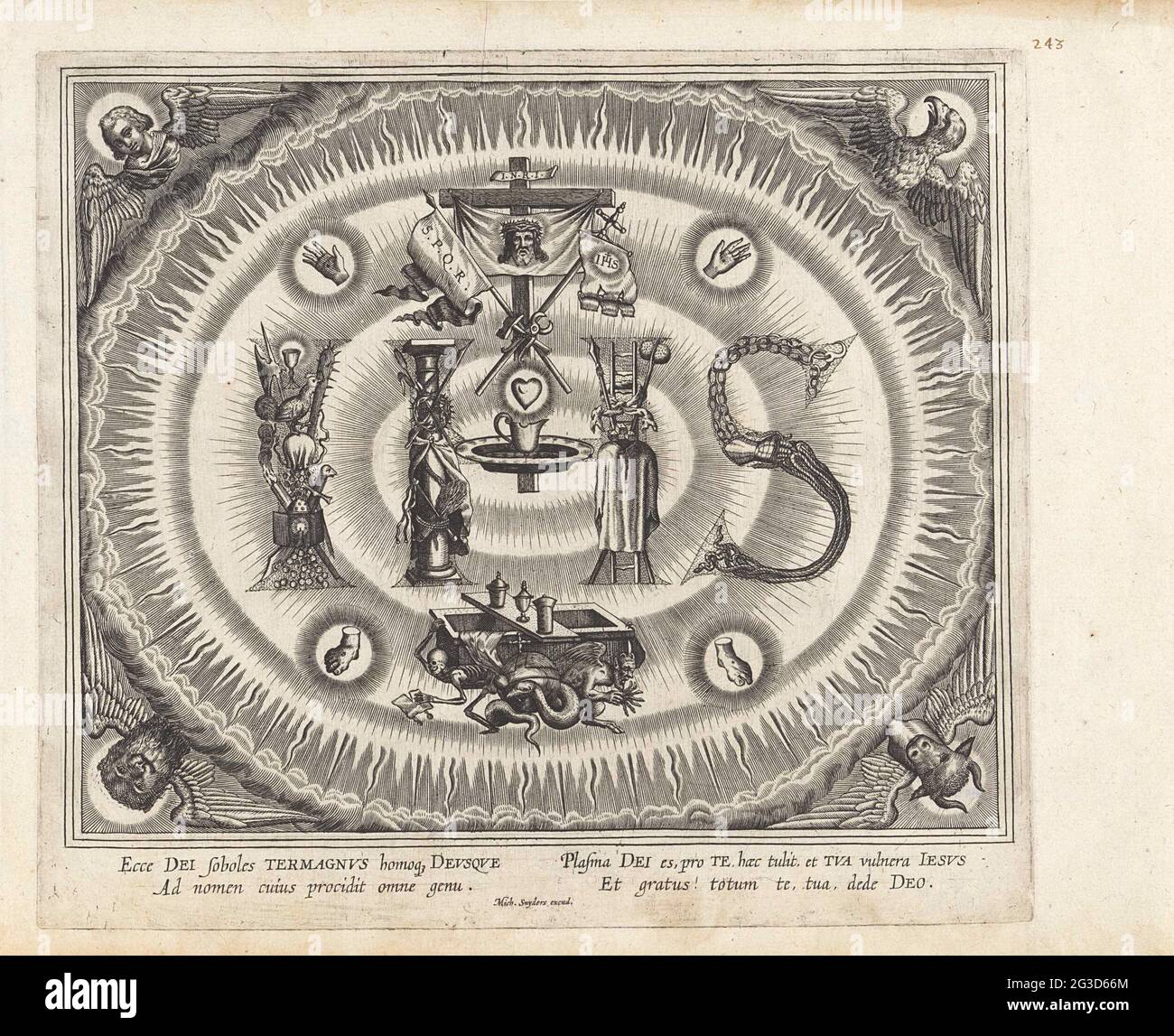 Ornamento: Monogramma per il Cristo 'IHS', costruito dagli strumenti della passione. Monogramma per il "IHS" di Cristo, costruito con l'equipaggiamento del passeggero. Sopra un crocifisso con l'"icona della verra" e due flag su cui resp. S.p. .sq.en IHS. Su entrambi i lati una mano in una corona di raggi. Sotto il monogramma una bara dove il diavolo e la morte. Su entrambi i lati di esso un piede in travi. Il tutto in una corona di fuoco con i simboli dei quattro evangelisti ai quattro angoli. Foto Stock