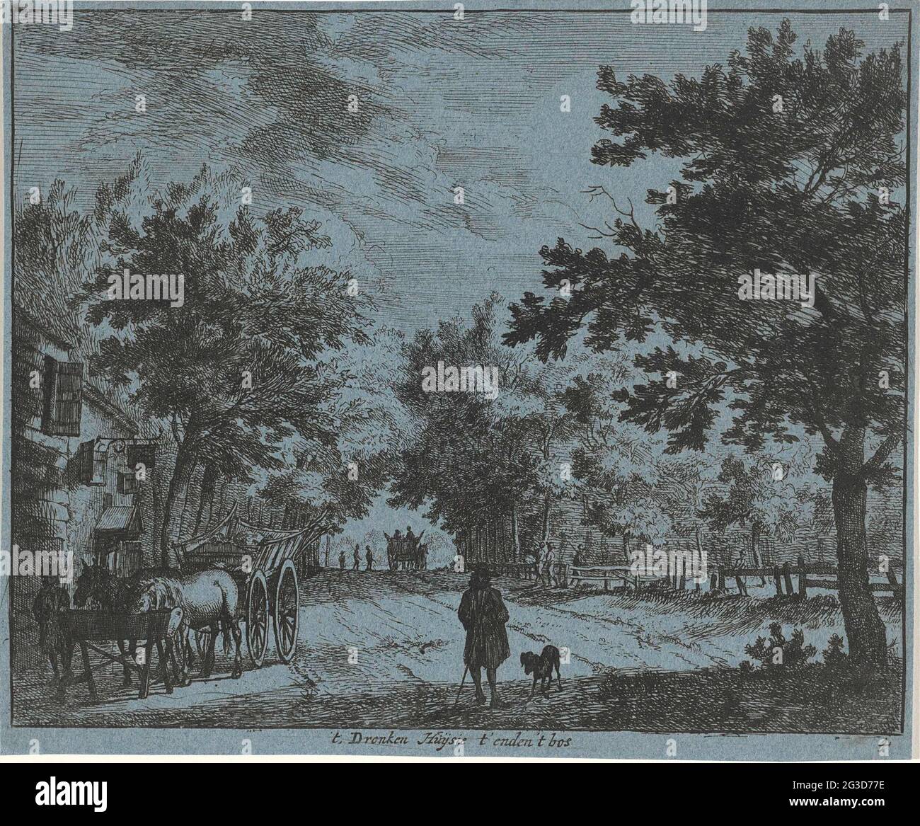 Figure e carri agricoli in una locanda; 't ubriaco Huijsie t'enden' t Bos; Paesaggi della zona di Haarlem; Sigtten Buijten Haarlem, fatto da. J.v.v .. In una locanda c'è un carro contadino, di cui i cavalli allungati mangiano da un raro. Un escursionista con un cane in primo piano. In lontananza un altro carrello con figure. Leged sotto numerato: 4. Foto Stock