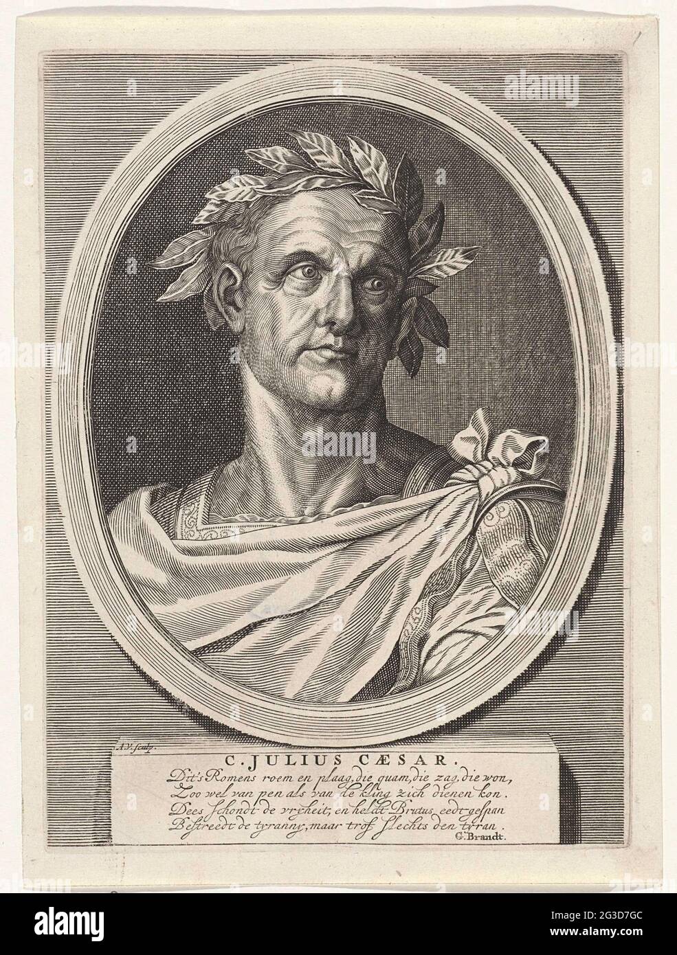 Ritratto di Giulio Cesare; ritratti classici. Ritratto di Giulio Cesare,  con una corona di alloro sulla testa. Stampa da una serie di quattordici  ritratti di imperatori romani, germanico e seneca Foto stock -
