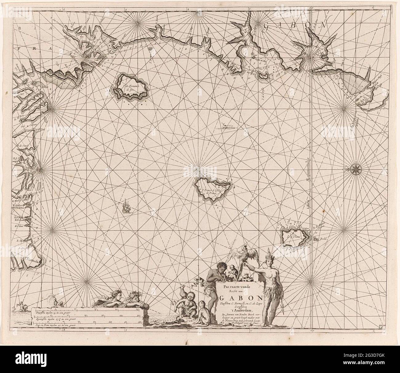 Mappa della costa della Guinea Equatoriale, Gabon e Camerun; Pas Caarte dalla curva del Gabon tra C. Formosa e C. de Lopo Gonsalves. Scegli la costa della Guinea Equatoriale, del Gabon e del Camerun, con una rosa bussola, il nord si trova sulla sinistra. Il mezzo sotto il titolo e l'indirizzo dell'editore, affiancato da un uomo con un puzzle e sul suo braccio un pappagallo, e un uomo con scimmie e una tartaruga. In basso a sinistra di due uts di mare in scala in tedesco, spagnolo e inglese o francese miglia (scala: c. 1: 1,100,000). Foto Stock