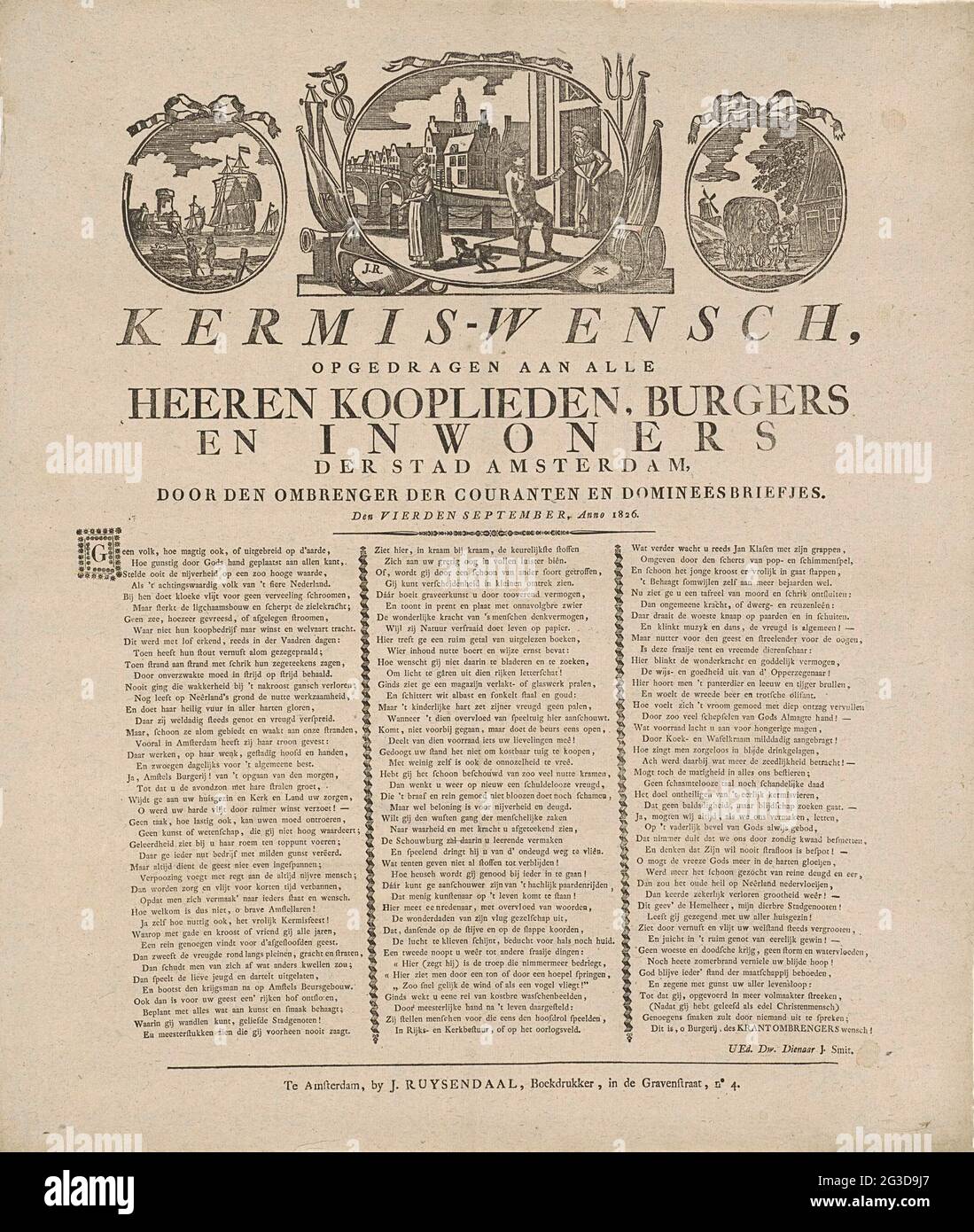 Fiere della Corte di Amsterdam consegna per l'anno 1826; Kermis-Wensch (...) Attraverso gli irritatori dei cortigiani e pastori biglietti (...) 1826. KermiSprent a nome delle corti (giornali) di Amsterdam, 4 settembre 1826. In cima a quei medaglioni con un liberatore cournoper centrale alla porta, ha lasciato UNA nave al largo della costa, a destra un agricoltore con un carro da fieno. In fondo ad una poesia in tre colonne. Dal Courantombrenger: J. Smit. Foto Stock