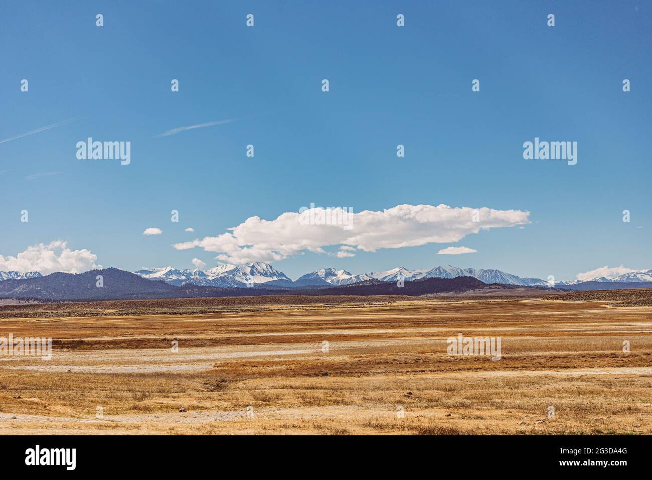 Pianure aride contro le montagne della Sierra Nevada e cielo blu chiaro Foto Stock