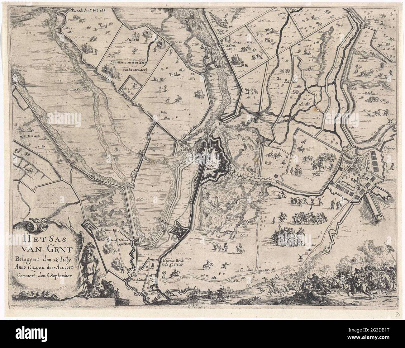 Mappa di assedio e conquista di SAS-van-Gent, 1644; il SAS van Gent è il 28 IULY anno 1644 e by account conquista il 6 settembre. Mappa dell'assedio della città di SAS-van Gent da parte dell'esercito statale sotto Frederik Hendrik, iniziato il 28 luglio e preso il 5 settembre 1644. Mappa di SAS-Van-Gent e del paese circostante con le dighe e le cesoie disposte dai biestomeri e dai loro campi militari. In basso a sinistra una cartouche con il titolo. In basso a destra di una scaramoia. Firma in alto a sinistra: Seconda parte fol 168. Foto Stock