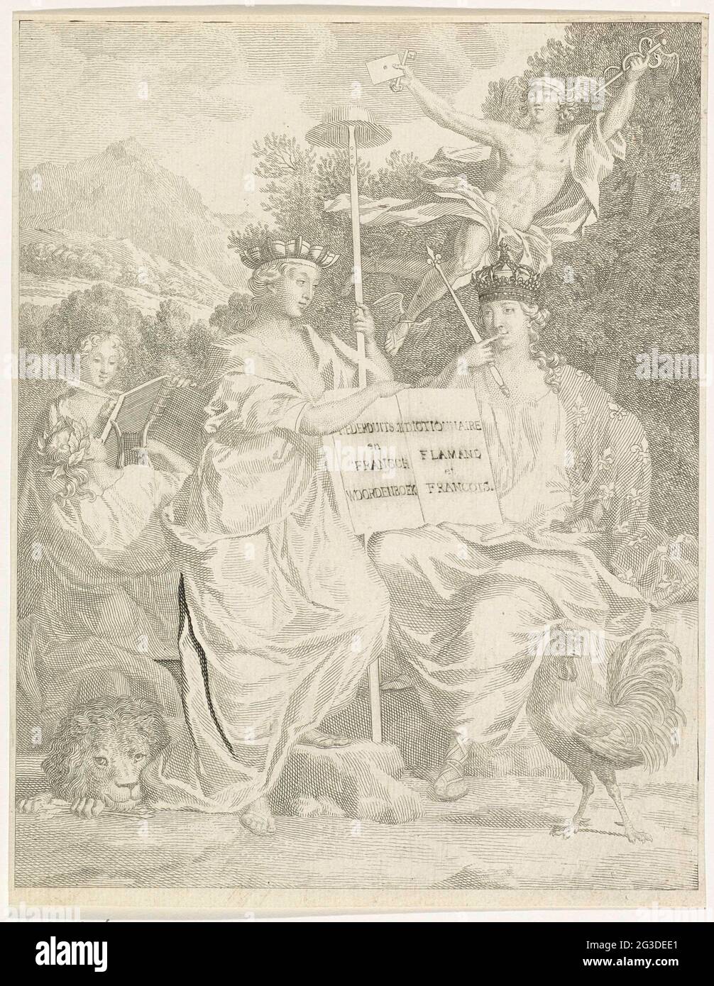 Persone dei Paesi Bassi e della Francia austriaci; pagina del titolo: Halma, François. Il Dizionario Groot Fransch e Nederduitsch (...) 1761. Nel mezzo si trova la personificazione dei Paesi Bassi austriaci con una corona da muro e un bastone liberty con cappello. Ha un libro gonfetto con il titolo abbreviato. Ai suoi piedi è un leone con un fascio di frecce. Lasciato dietro lei gioca una donna un arpa e scrive un'altra donna in un libro. Dall'altro lato del libro aperto è la personificazione della Francia con una corona, uno scettro e un gallo ai suoi piedi. Dietro di loro Mercurio vola con il suo caduceo, una busta e. Foto Stock