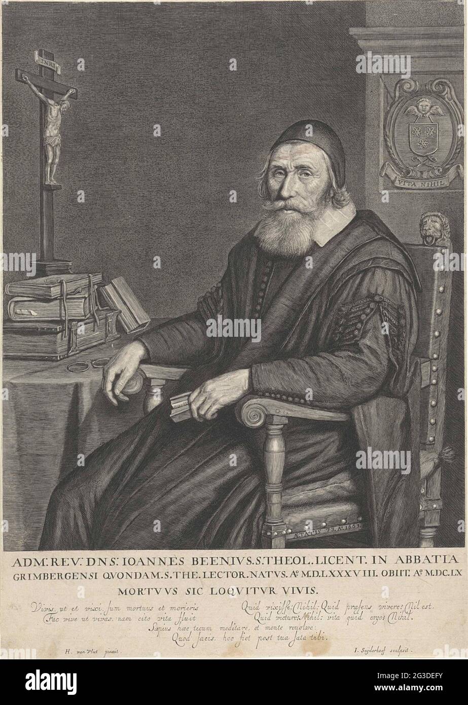 Ritratto di Johannes Leenius. Ritratto di Johannes Leenius, teologo nell'Abbazia di Grimbergen all'età di 73 anni. È in una sedia ad un tavolo con una pila di libri, bicchieri e crocifisso. In fondo al margine una linea fresca in latino. Foto Stock