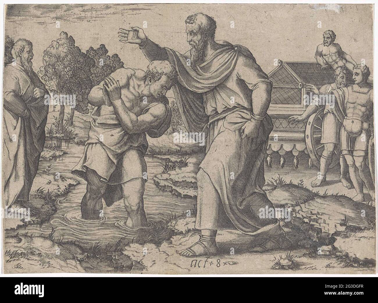 Battesimo del Kamerling etiope di Filippo; scene dei libri. L'apostolo Filippo uccide il Kamerling dall'Etiopia. Sulla destra la carrozza di Kamingling e tre uomini. Alla storia della Bibbia in mano. 8:26-40 Foto Stock