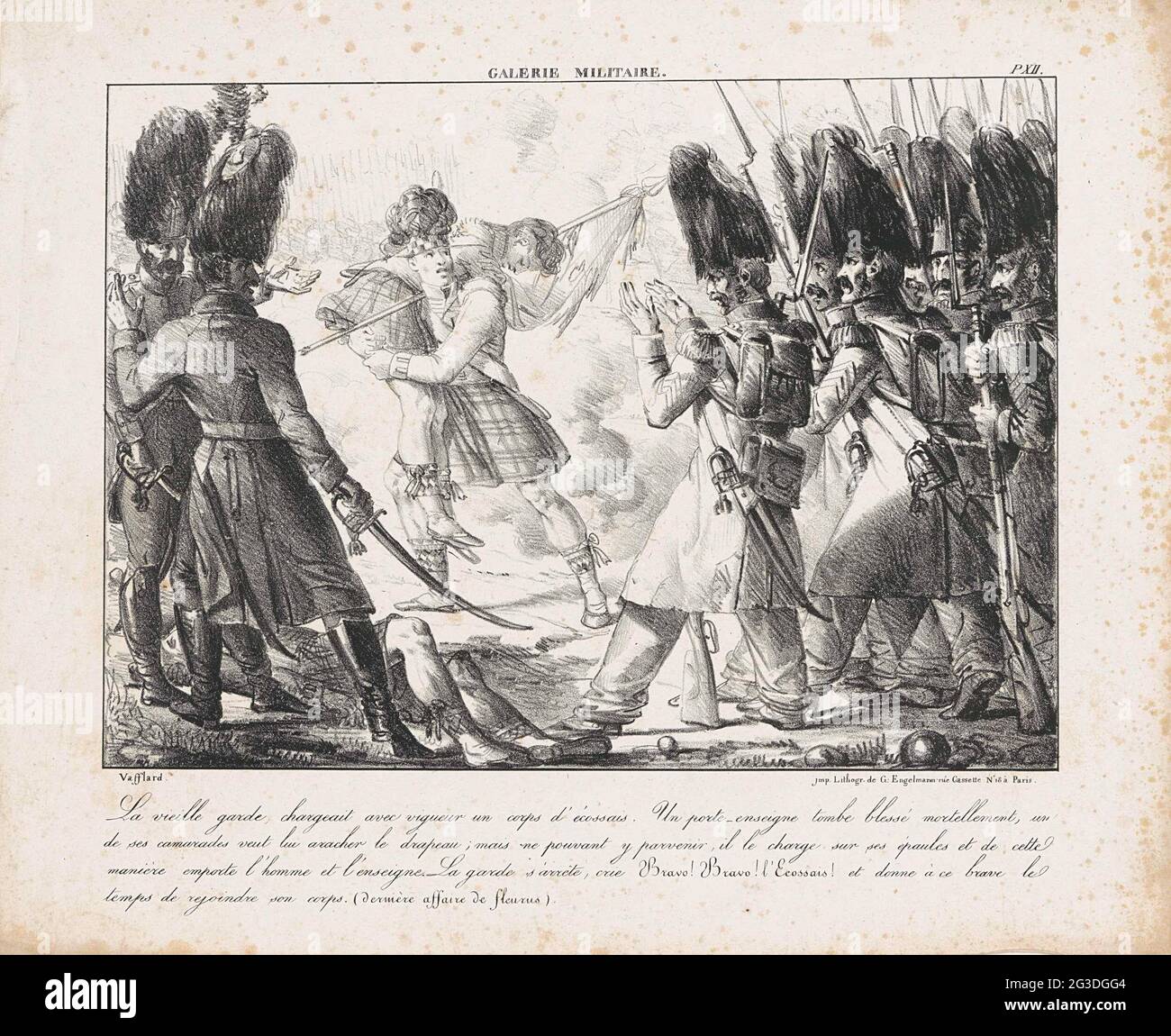 Rimozione di un portadischi scozzese ferito, 1794. Durante la battaglia di Fleurus il 26 giugno 1794 Appaudes truppe francesi e chiamata 'Bravo!' Quando il corpo di un mortale portaregolo scozzese ferito viene portato via da un contadino. Con didascalia di quattro regole in francese. Foto Stock