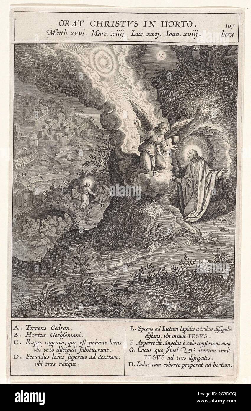 Cristo alla corte di Getemane; Orat Christvs a Horto. Cristo prega nella corte di Getemane. Un angelo appare dal cielo con un calice. I suoi studenti dormono sullo sfondo. Giuda entra nel giardino attraverso la porta e punta i soldati dove Cristo prega. In corrispondenza di elementi diversi dalla visualizzazione sono presenti lettere che corrispondono alla legenda nel margine. Foto Stock