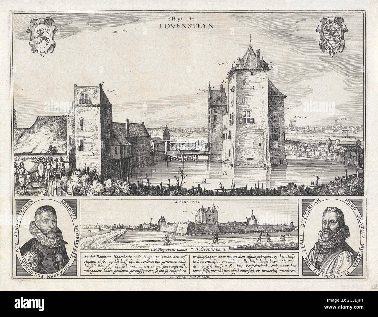 Castello di Loevestein. Roghman probabilmente ha preso queste due viste del castello di Loevestein come suo modello quando fa i suoi disegni del castello. Proprio come Visscher, Roghman ha anche variato e alternato le sue composizioni. Hugo de Groot e Rombout Hogerbeets furono imprigionati a Loevestein nel 1619 per le loro opinioni politiche. Ritratti incisi di loro fiancheggiano le due viste del castello. A sinistra vediamo arrivare i prigionieri accompagnati da soldati. Foto Stock