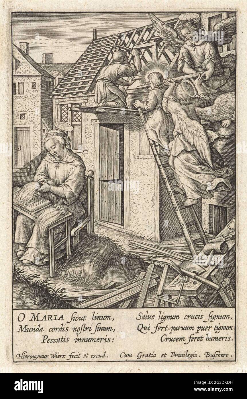 Cristo bambino mette un tetto; Gioventù di Cristo; IESV Christi dei Domini, Salvatoris NRI Infantia. Insieme a due angeli, il bambino di Cristo porta un fascio la scala. Joseph sta lavorando sul tetto di una casa. Maria sta lavorando su Vlaskammen di fronte alla casa. Nel margine una didascalia di sei righe, in due colonne, in latino. Foto Stock