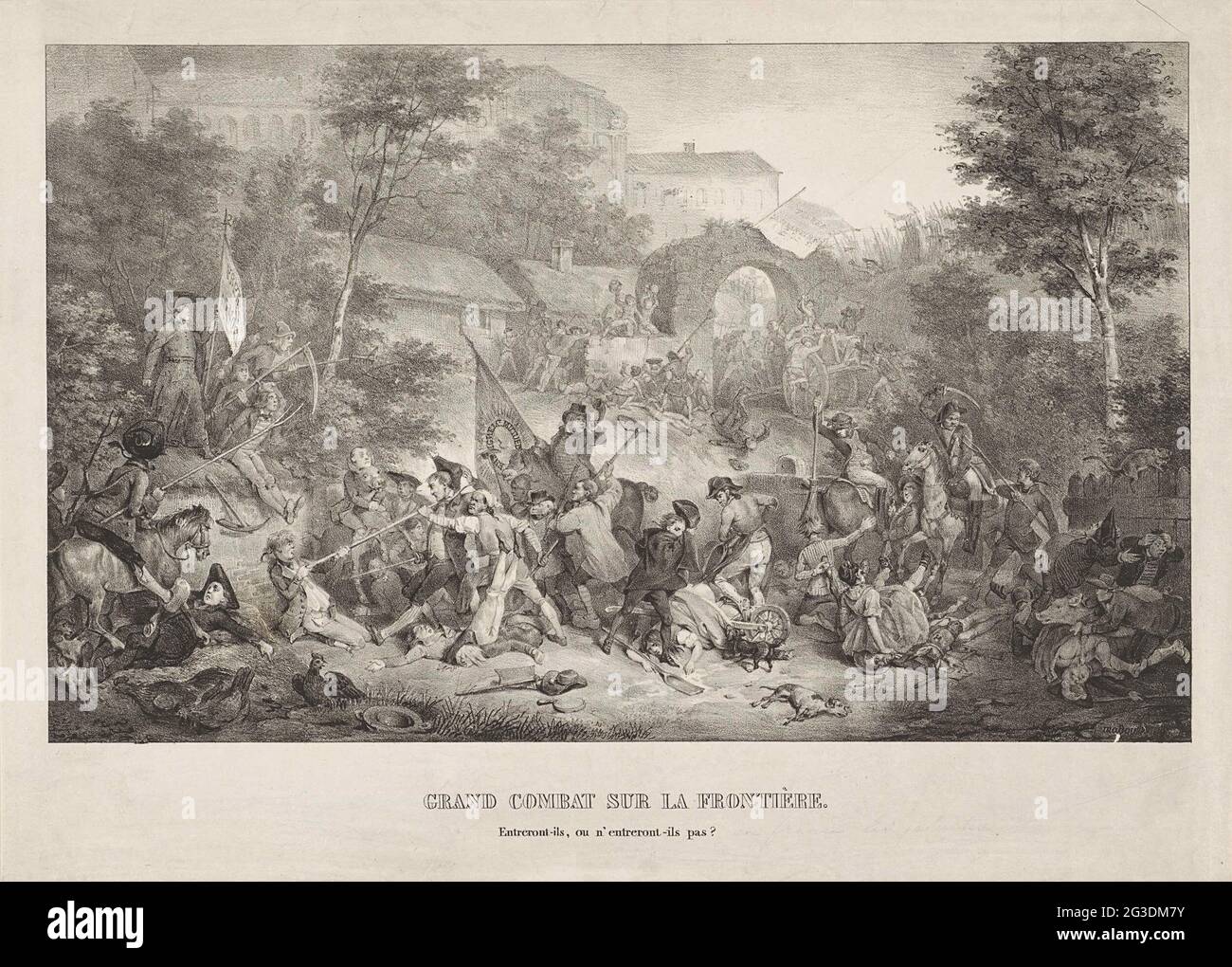 Battaglie con i gesuiti al confine, 1828; Grand Combat sur la Frontière. Entre-ILS, ou N'Treront-ILS Pas?. Cartone sull'espulsione dei Gesuiti dai Paesi Bassi meridionali, ottobre-novembre 1828. Comico lotta tra landloden armati di forchette, scopa, ecc alcuni con bandiere con iscrizioni, alcuni a cavallo. Foto Stock