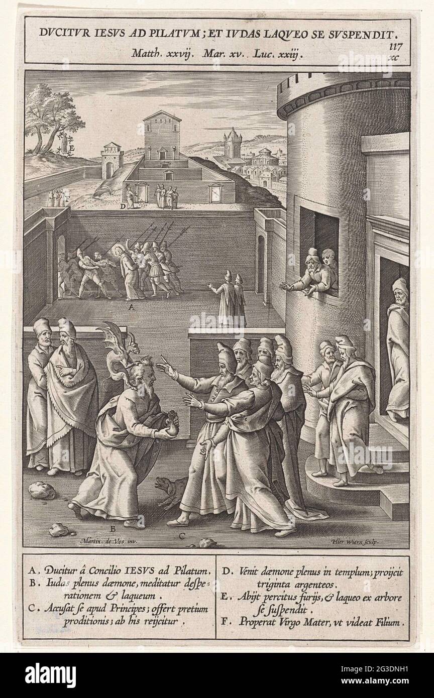 PENTIMENTO DI JUDAS; DVCITVR IESVS AD PILATVM; ET IVDAS LAQVEO SE SVSPENDIT. Giuda si pentisce dopo che vede Cristo condannato a morte. Riporta i trenta pezzi d'argento ai sommi sacerdoti e agli anziani. Tuttavia, lo lasceranno di nuovo. Sullo sfondo potete vedere come Cristo viene trattato a Pilato al mattino. In corrispondenza di elementi diversi dalla visualizzazione sono presenti lettere che corrispondono alla legenda nel margine. Foto Stock