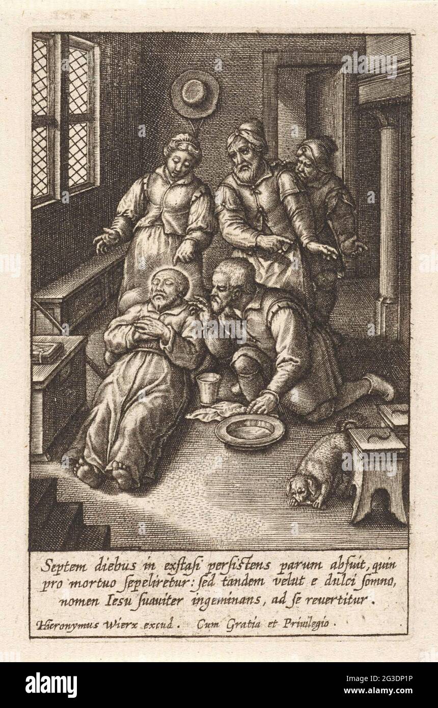 Ignazio van Loyola in estasi; scene della vita di Ignazio da Loyola. Ignazio van Loyola è piegato con le mani in estasi in una partenza sul pavimento. È circondato da una donna e tre uomini. Uno di loro si sta inginocchiando accanto a lui con una ciotola. In primo piano un cane. Nel margine una didascalia a tre zampe in latino. Foto Stock