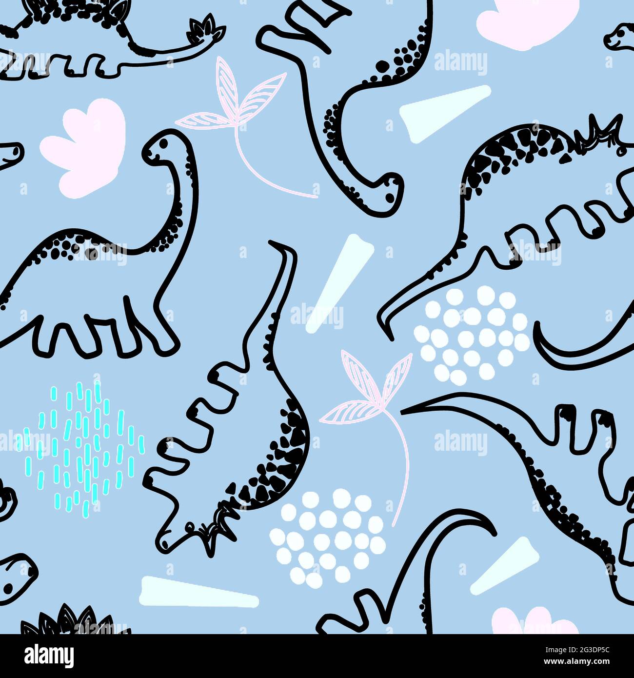 Graziosi dinosauri stilizzati e piante preistoriche. Adatto per la stampa di carta da imballaggio, tessuti o inviti a eventi per bambini. Foto Stock