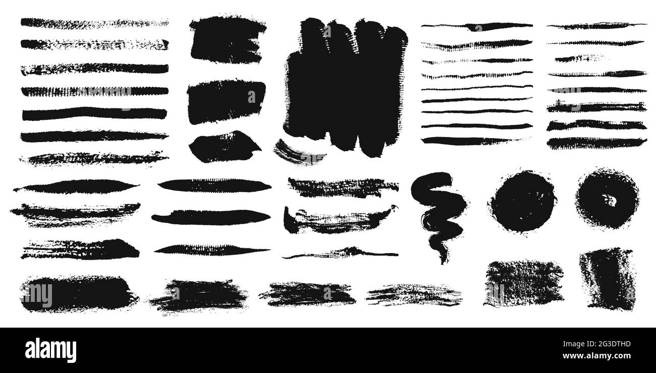 Pennellate. Tratto di vernice grunge, linee d'inchiostro, struttura in gesso. Cornici di pennelli neri. Set vettoriale elementi di pittura con pennellatura ruvida. Strisce di graffiti scure sporche e cerchi astratti Illustrazione Vettoriale