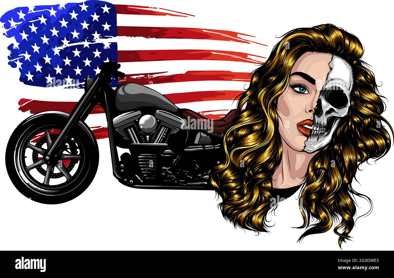 vector illustration moto chopper vintage con viso donna e americano allarme Illustrazione Vettoriale