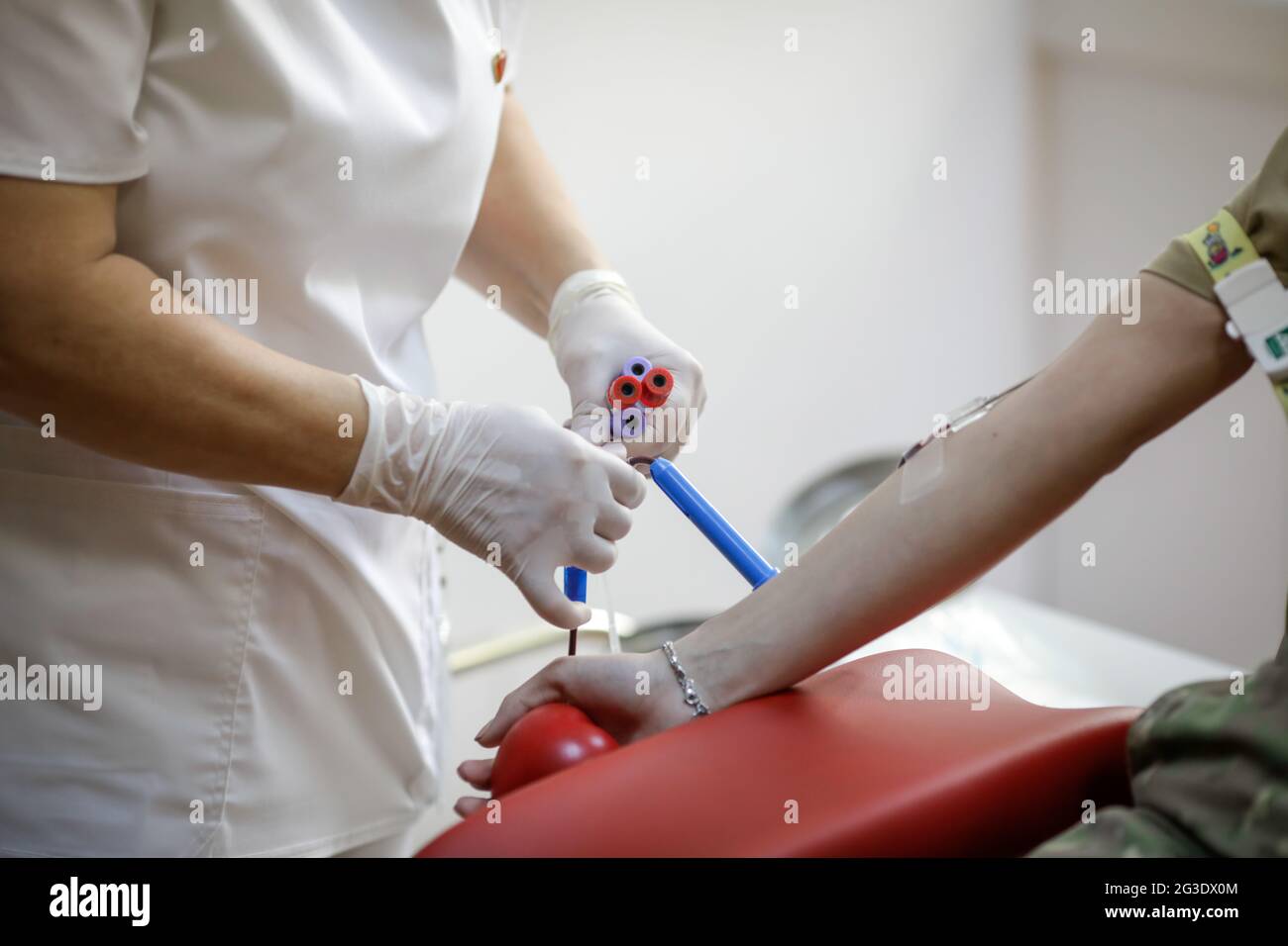 Profondità di campo poco profonda (fuoco selettivo) con le mani di un lavoratore medico che prepara un volontario per la donazione di sangue. Foto Stock