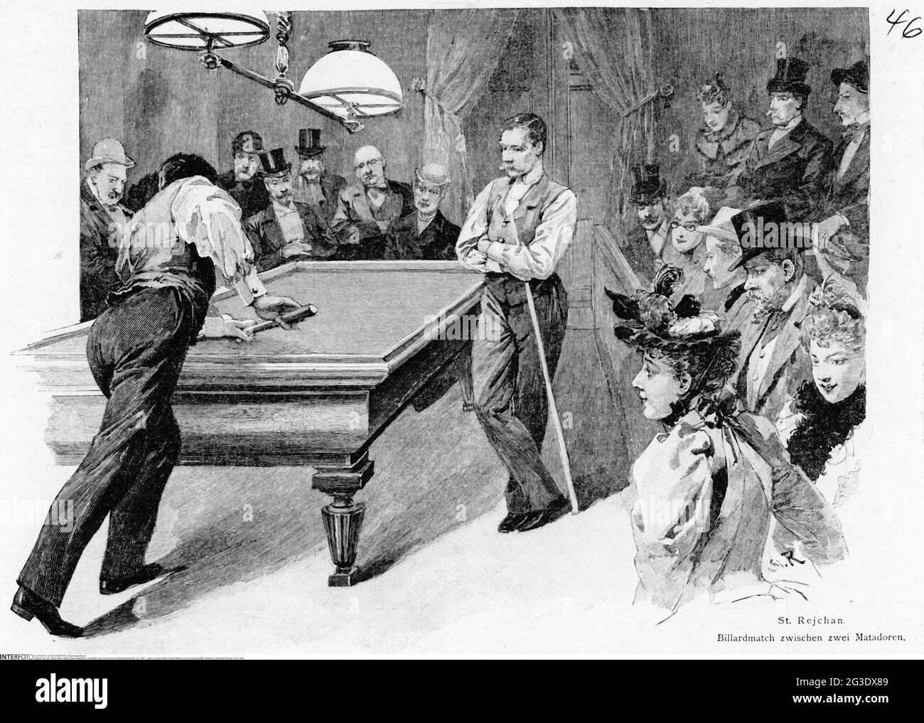 Gioco, biliardo, partita di due matadors, incisione in legno dopo disegno di Stanislav Rejchan, circa 1895, IL COPYRIGHT DELL'ARTISTA NON DEVE ESSERE ELIMINATO Foto Stock