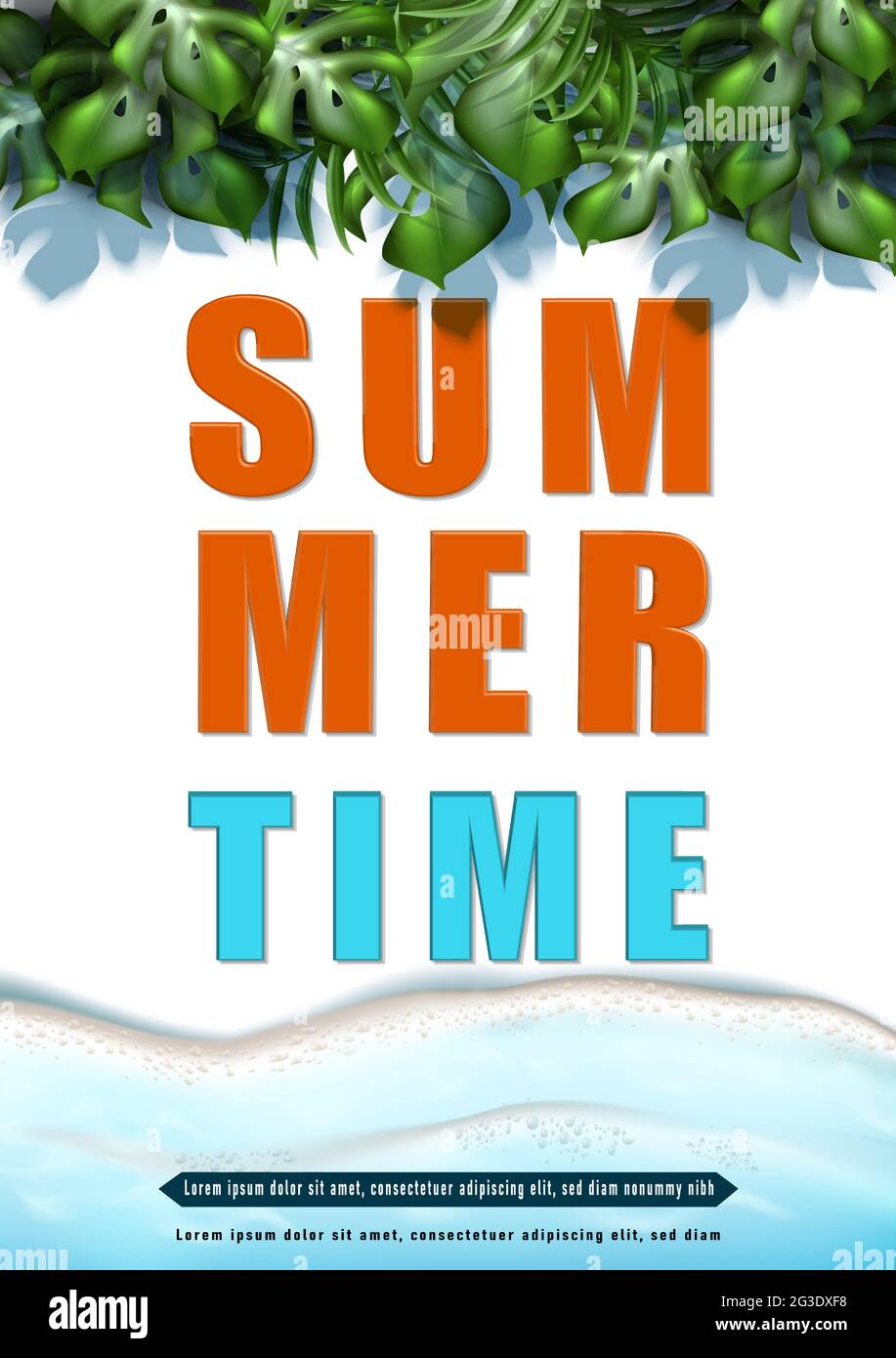 Vettore estate vendita banner template. Con onde di mare e foglie tropicali. Illustrazione Vettoriale