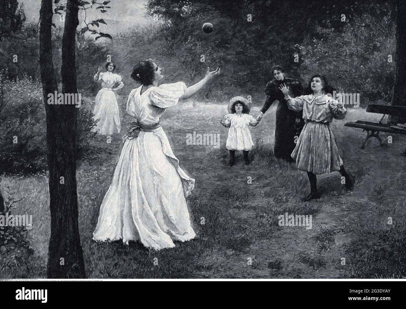 Gioco, giochi di palla, incisione in legno basata sulla pittura di Simon Gluecklich, 'Die Gartenlaube', 1899, IL COPYRIGHT DELL'ARTISTA NON DEVE ESSERE CANCELLATO Foto Stock