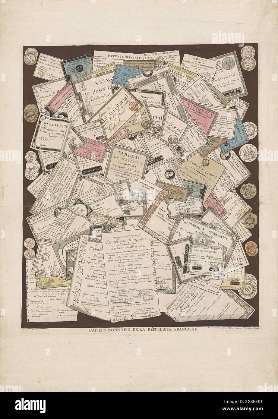 Carta francese; Papiers Monnoies de la République Française. Carta francese moneta e destra e sinistra sul lato francese monete. Foto Stock