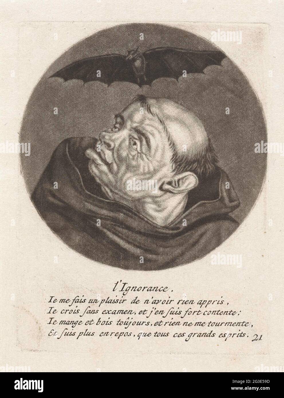 Monaco e un pipistrello; l'ignoranza; caricature sul clero francese sotto Luigi XIV, (b); esecuzione del Chrétienne morale Par les Désordress du Monachism. Un pipistrello vola sulla testa di un monaco. La stampa fa parte di una serie di caricature del clero francese sotto Luigi XIV Foto Stock