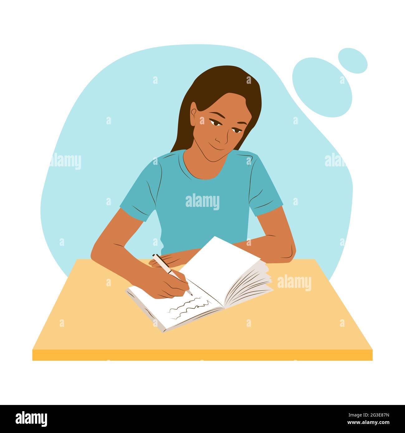 Donna seduta a un tavolo o scrivania pensando e scrive note nel suo diario o giornale. Il lavoro della ragazza o il concetto piano di studio. Pratica di salute mentale female con Illustrazione Vettoriale