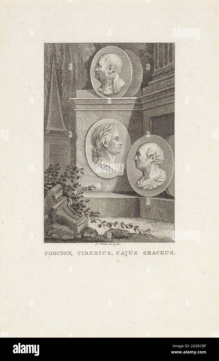 Medaglioni con ritratti di Focione, Tiberio e Gaio Sempronio Gracchus. Medaglioni con ritratti dello Staatsman ateniese Focion, dei principi romani Tiberio Claudius Nero e del politico romano Gaius Sempronius Gracchus, contro i piedistallo di pietre. Foto Stock
