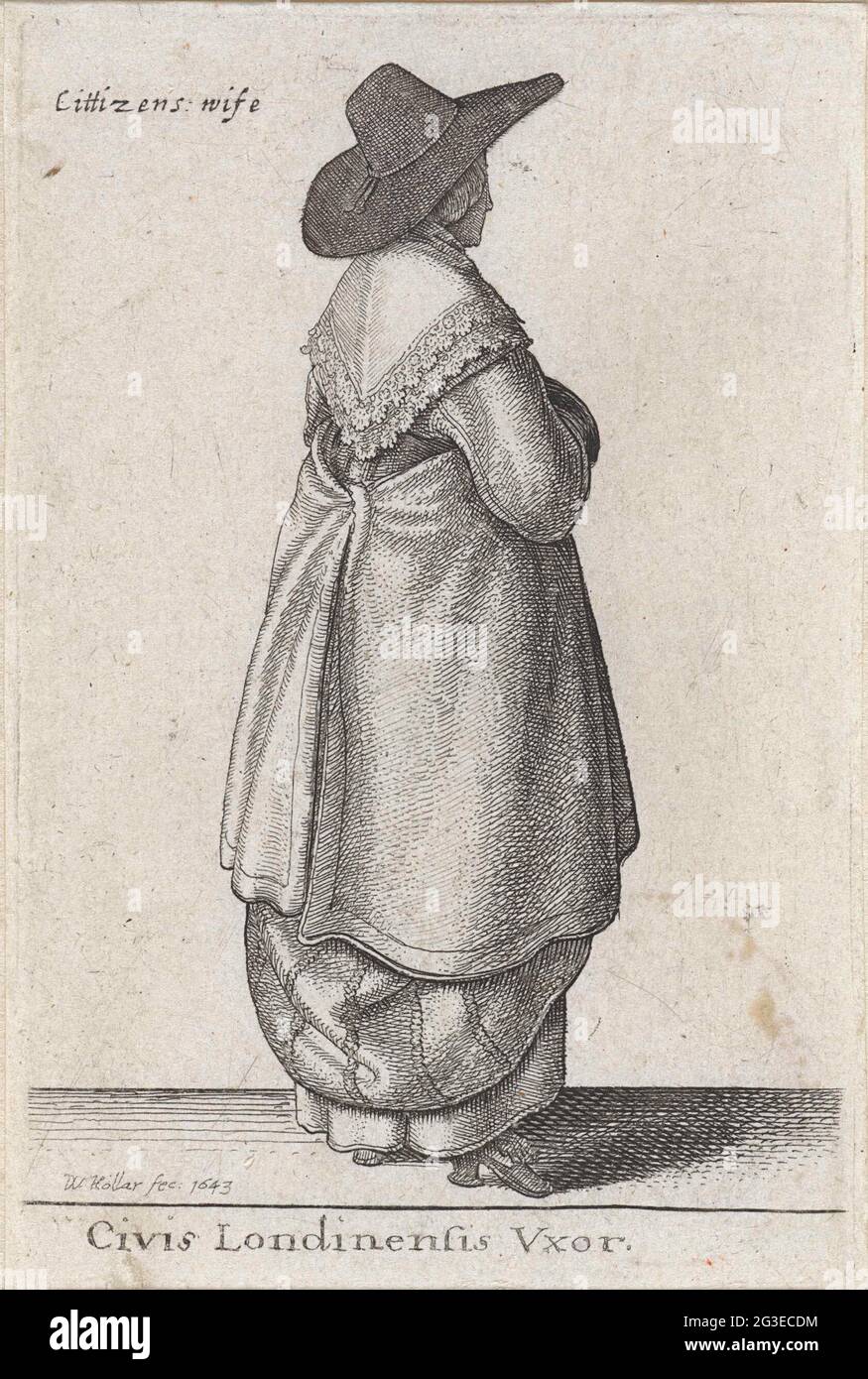 Civis Londinensis VXOR / CITTIZENS MOGLIE; Donna di Londra; Theatrum  Mechanic; donne europee in costume tradizionale. Donna londinese, vista sul  retro, con cappello con un alto affusolato, globo diritto, fascia per  cappello