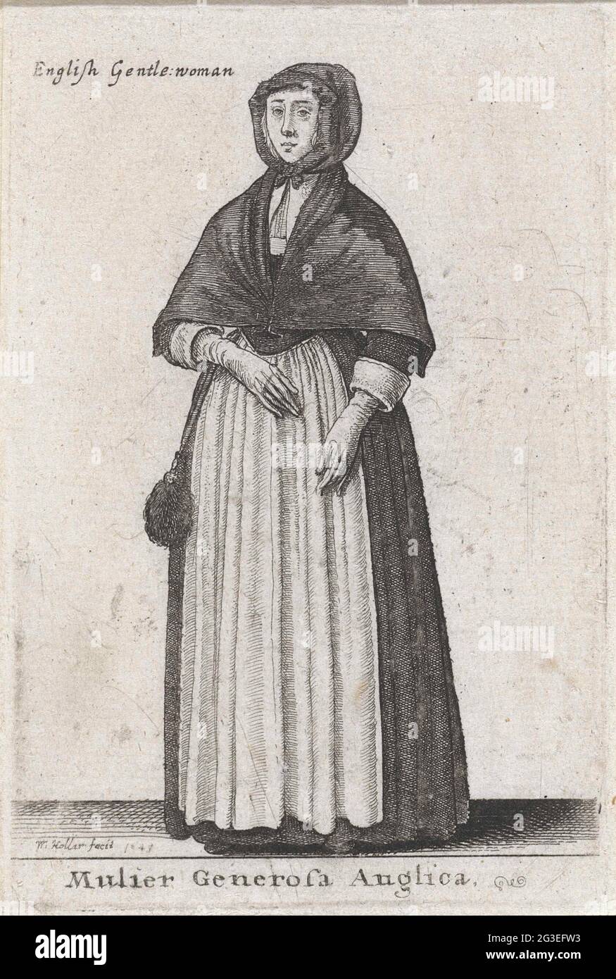 Mulier generosa angica / Inglese Gentle Woman; Teatrum Mechanic; donne  europee in costume tradizionale. Donna inglese, a metà sinistra, con un  copricapo liscio e scuro - rotolare indietro intorno al viso -