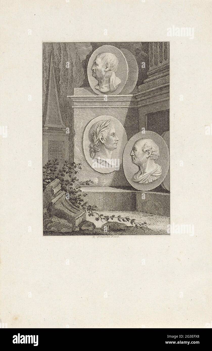 Medaglioni con ritratti di Focione, Tiberio e Gaio Sempronio Gracchus. Medaglioni con ritratti dello Staatsman ateniese Focion, dei principi romani Tiberio Claudius Nero e del politico romano Gaius Sempronius Gracchus, contro i piedistallo di pietre. Foto Stock