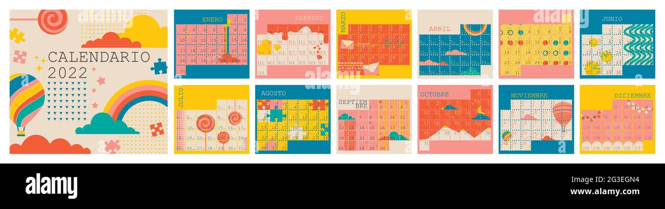 Pianificatore calendario spagnolo per il 2022, la settimana inizia il lunedì. Set di 12 mesi da gennaio a dicembre. Illustrazione vettoriale piatta multicolore. Illustrazione Vettoriale
