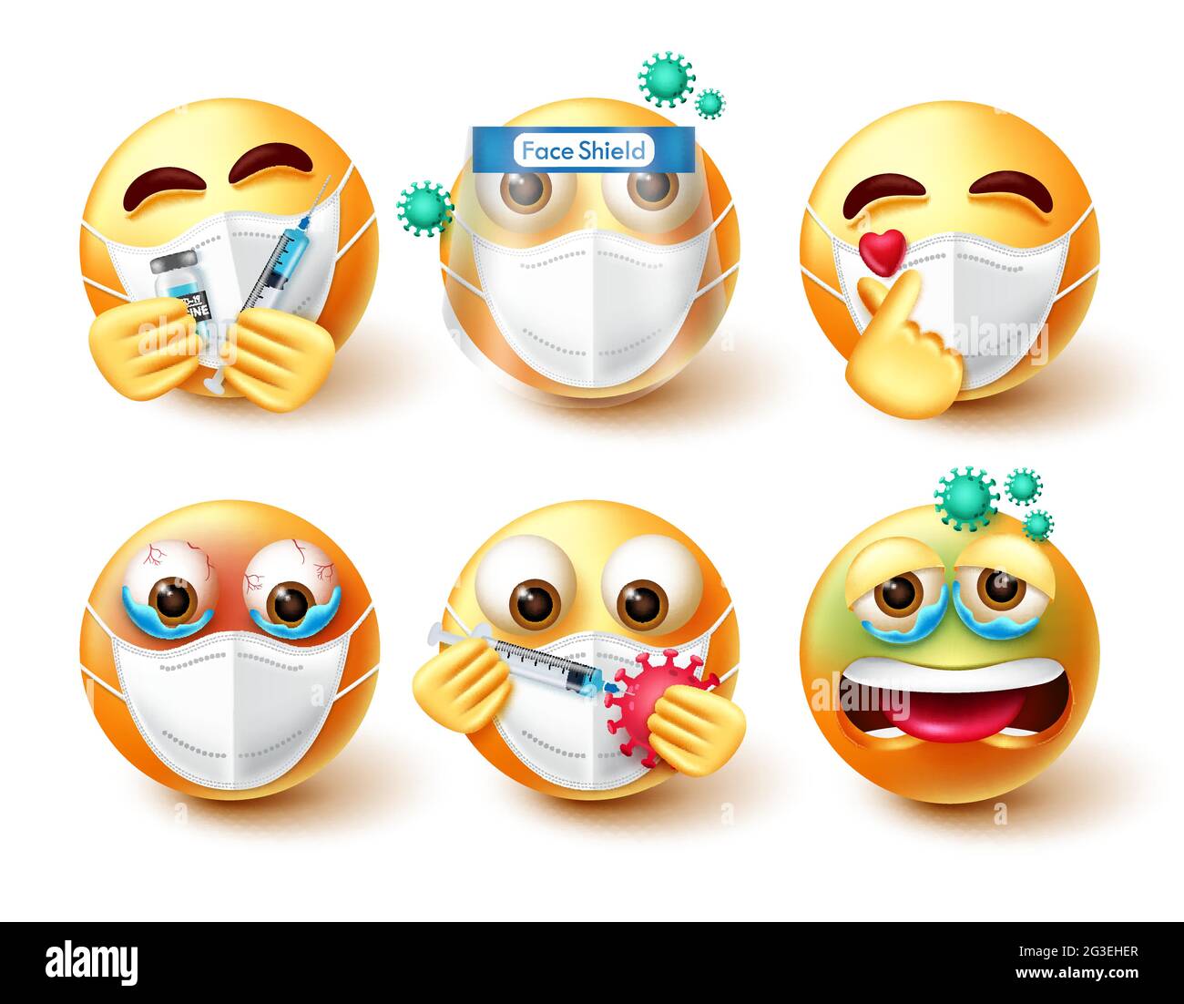 Set di vettori emoji Covid-19. Personaggi 3d emojis in espressione sicura e malata con maschera facciale, vaccino ed elemento di protezione per la protezione del coronavirus. Illustrazione Vettoriale