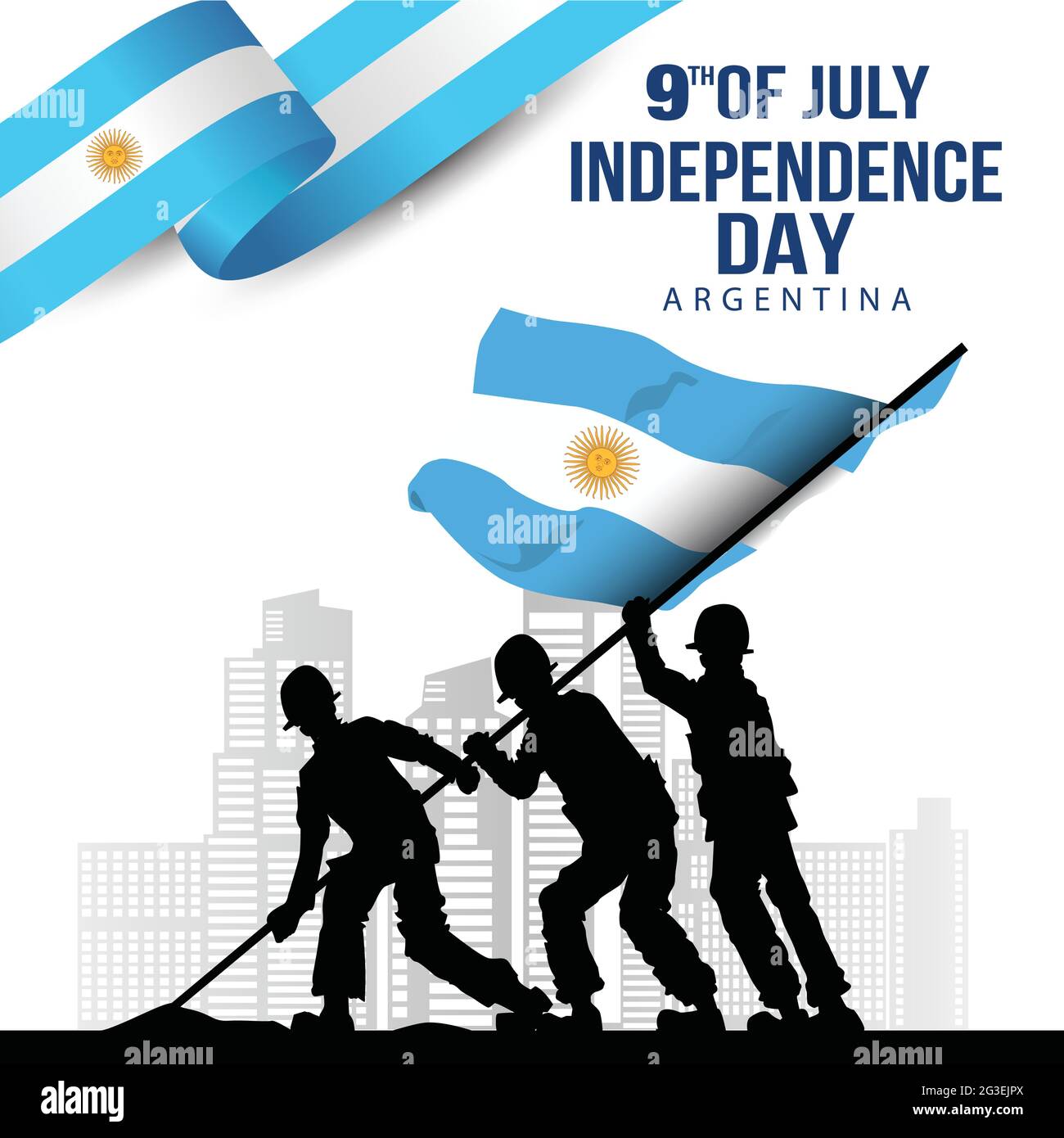 Felice giorno di indipendenza Argentina 9 luglio modello vettoriale disegno Illustrazione. Silhouette soldati alzando con bandiera Illustrazione Vettoriale