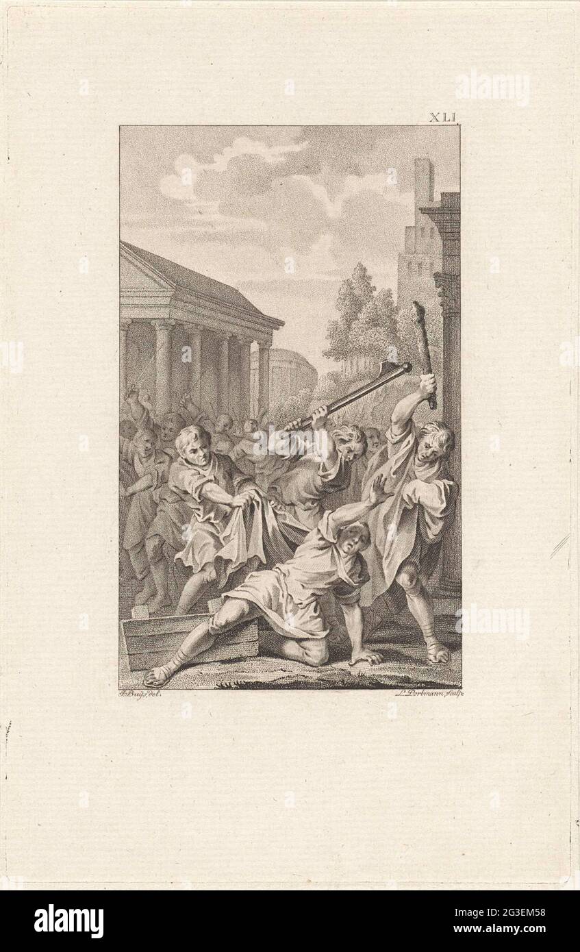 Assassinio di Tiberio Gracchus. Durante un incontro sul Campidoglio, Tiberio Sempronio Gracchus III, per ordine del cugino Scipio Nasica, viene ucciso da uomini con bastoni. Foto Stock
