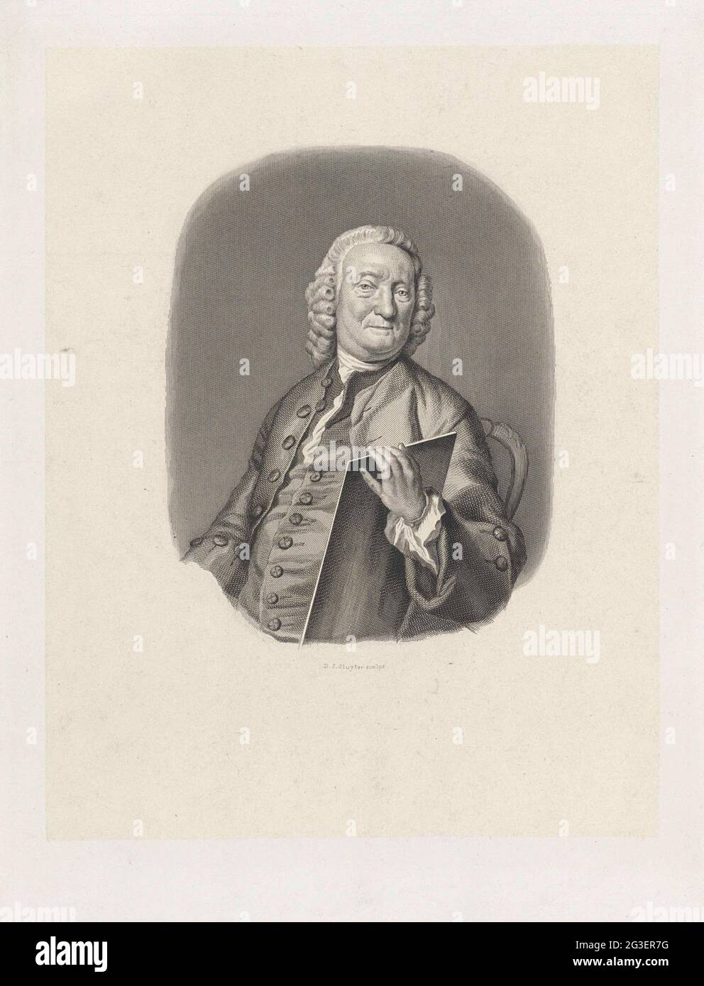 Ritratto di Jacob Houbraken. Ritratto del stampatore e disegnatore Jacob Houbakken all'età di 71 anni, seduto su una sedia. Tiene un piatto in mano. Foto Stock