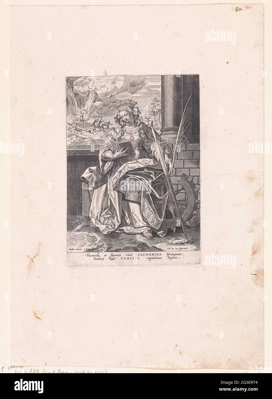 Santa Catharina; Speculum Pudicitiae. La H. Catharina, seduta. Legge un libro. Oltre a lei una spada e una ruota rotta. Sullo sfondo, la ruota su cui si è colpiti dal fulmine. La settima stampa di una serie di diciassette parti con santi femminili. Foto Stock