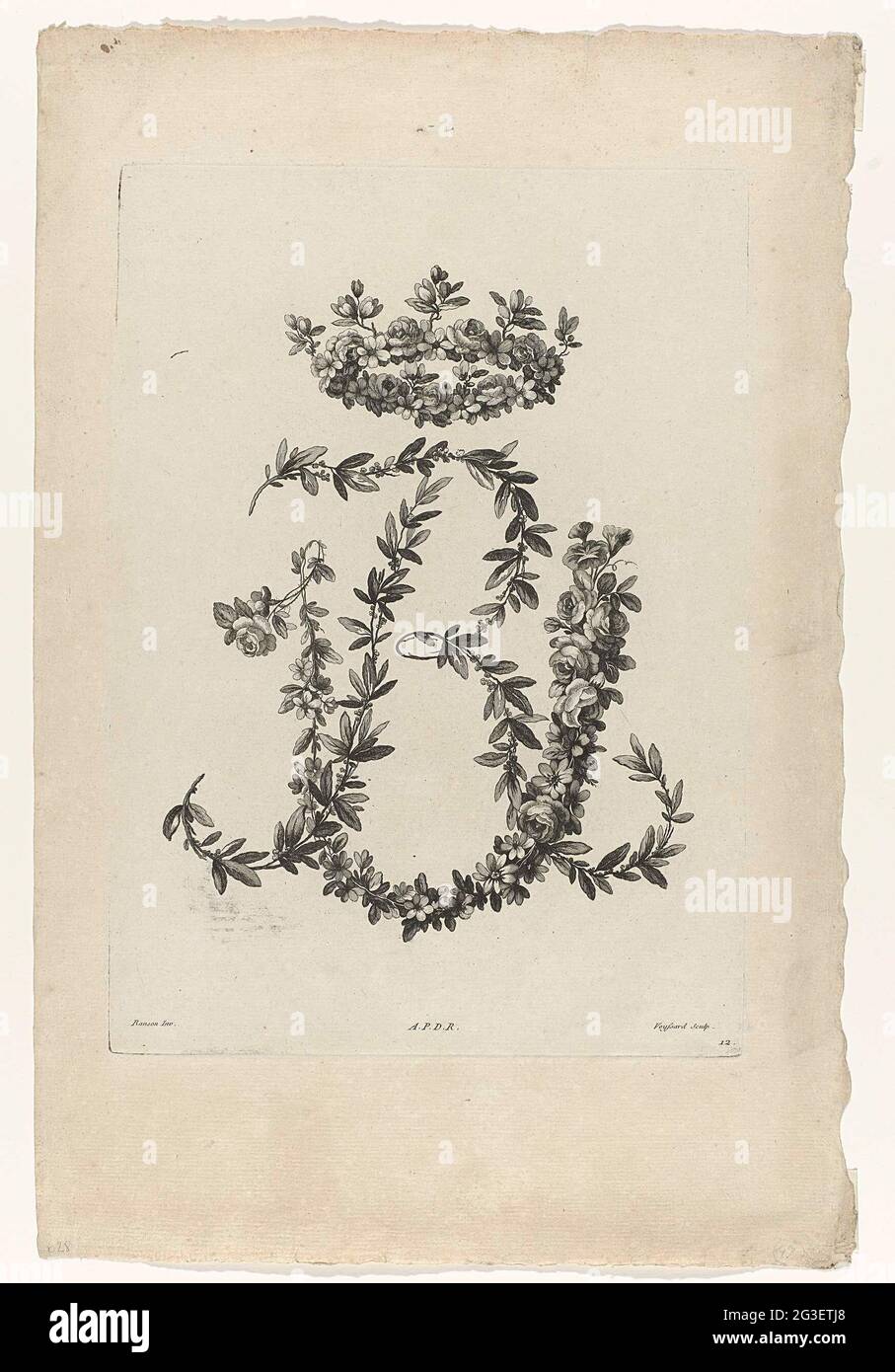 Lettere R e V; Iime Cahier i Chiffres. Lettere decorative r e v di bevande e foglie di fiori. Una corona floreale sopra di essa. Foto Stock