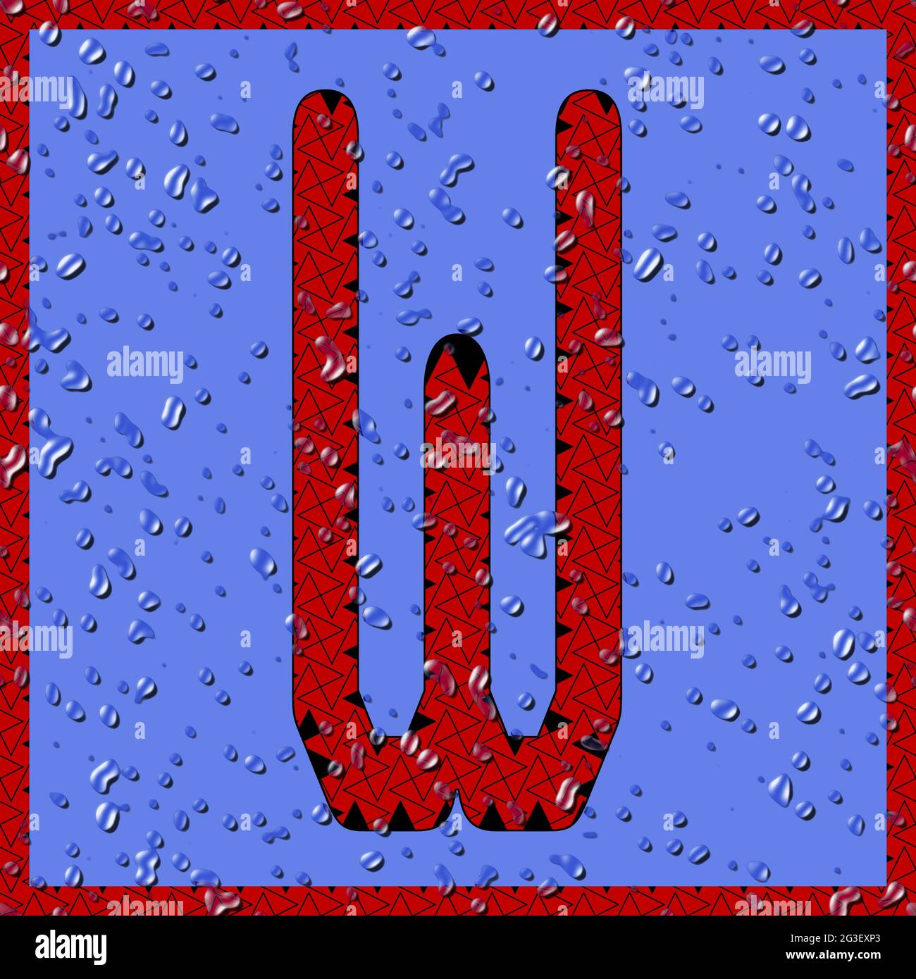 Immagine con il carattere OCR maiuscolo W come monogramma rosso con gocce d'acqua blu Foto Stock