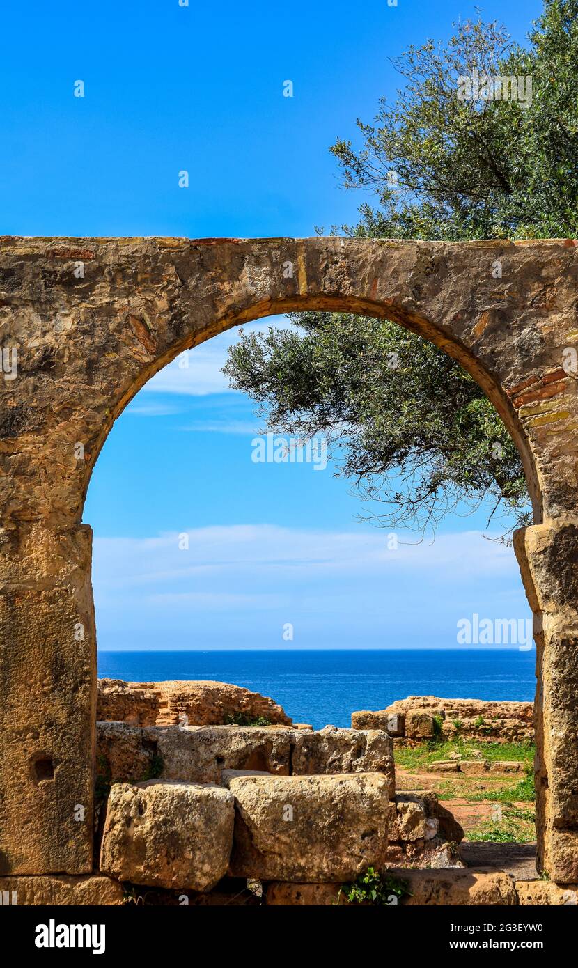 Il bel mare Mediterraneo attraverso le rovine romane arco n città di Tipaza, Algeria. Foto Stock