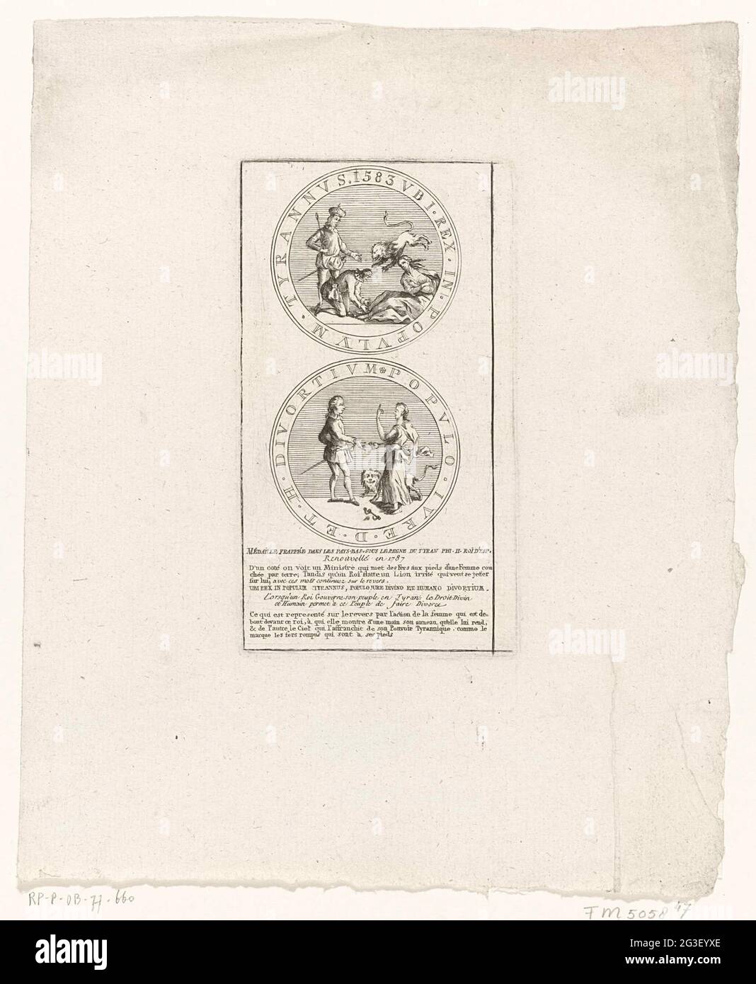 Medaglia contro Jozef II, 1787; Medaglia Frappée Dance Les Pays Bas Sous le Regne du Tyran Phi. II. ROI D'ESP. Renouvellé e 1787; Brabant Review, 1787-1790. Entrambi i versanti di una pensione colpì originariamente contro il Tiran Filippo II nel 1583 durante la ribellione olandese e ripubblicò contro l'imperatore austriaco Jozef II nel 1787. Spiegazione in francese. Parte di un ampio gruppo di stampe relative agli eventi della Brabant Review e al periodo 1787-1790. Foto Stock