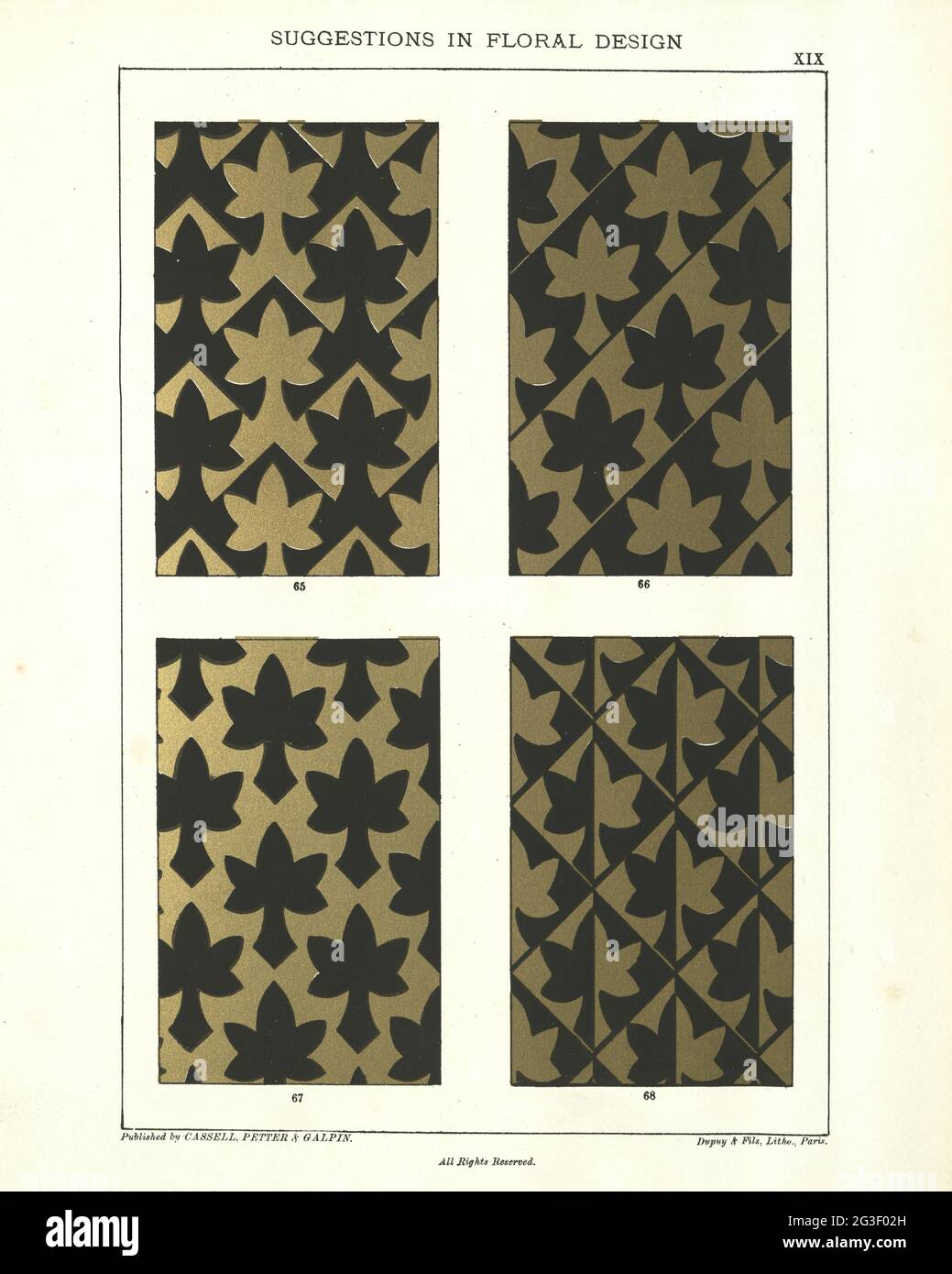 Suggerimenti vittoriani in disegno floreale, 19 ° secolo, oro e nero ripetizione modello di foglia Foto Stock