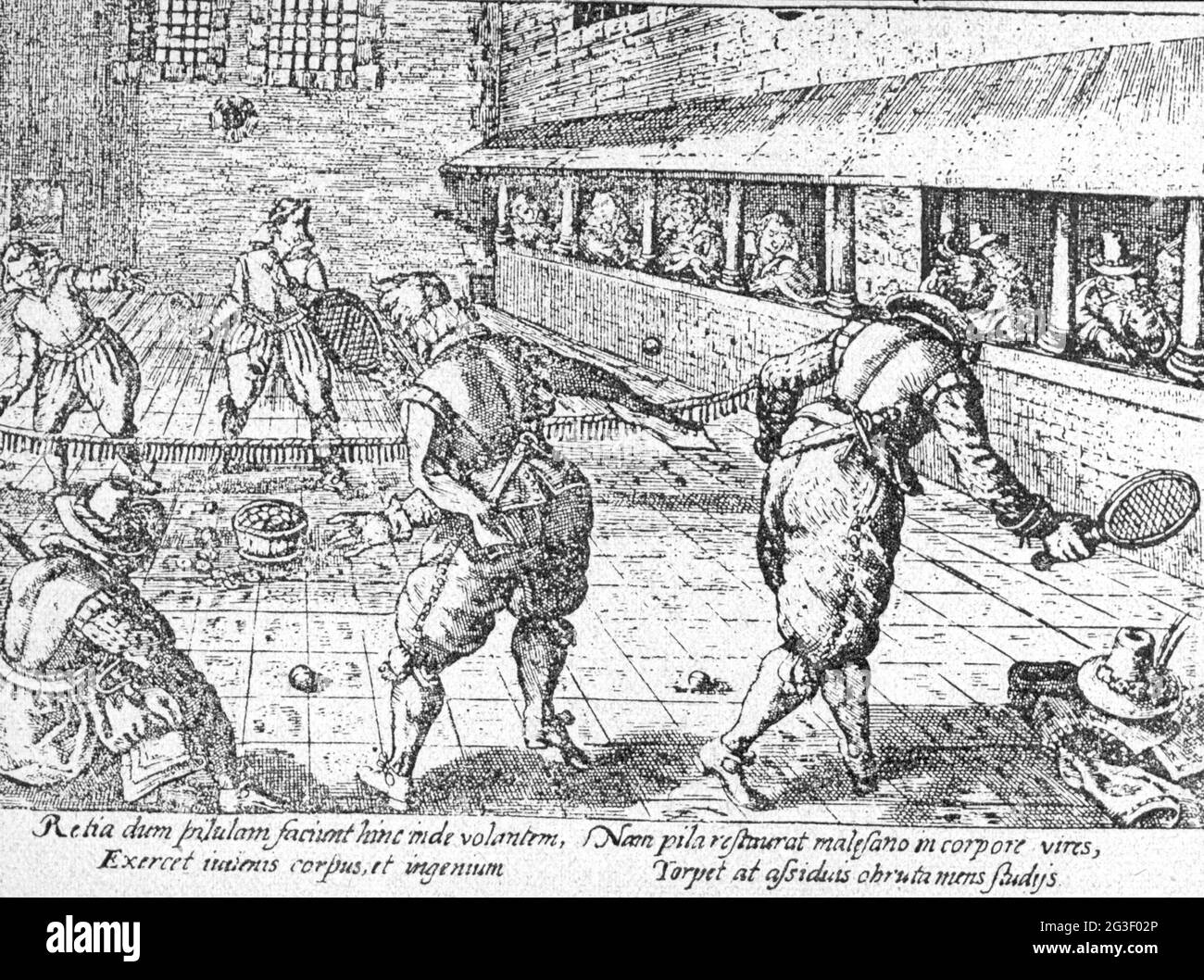 Sport, Jeu de Paume, uomini ad una partita, incisione di rame, Strasburgo, 1608, IL DIRITTO D'AUTORE DELL'ARTISTA NON DEVE ESSERE CANCELLATO Foto Stock