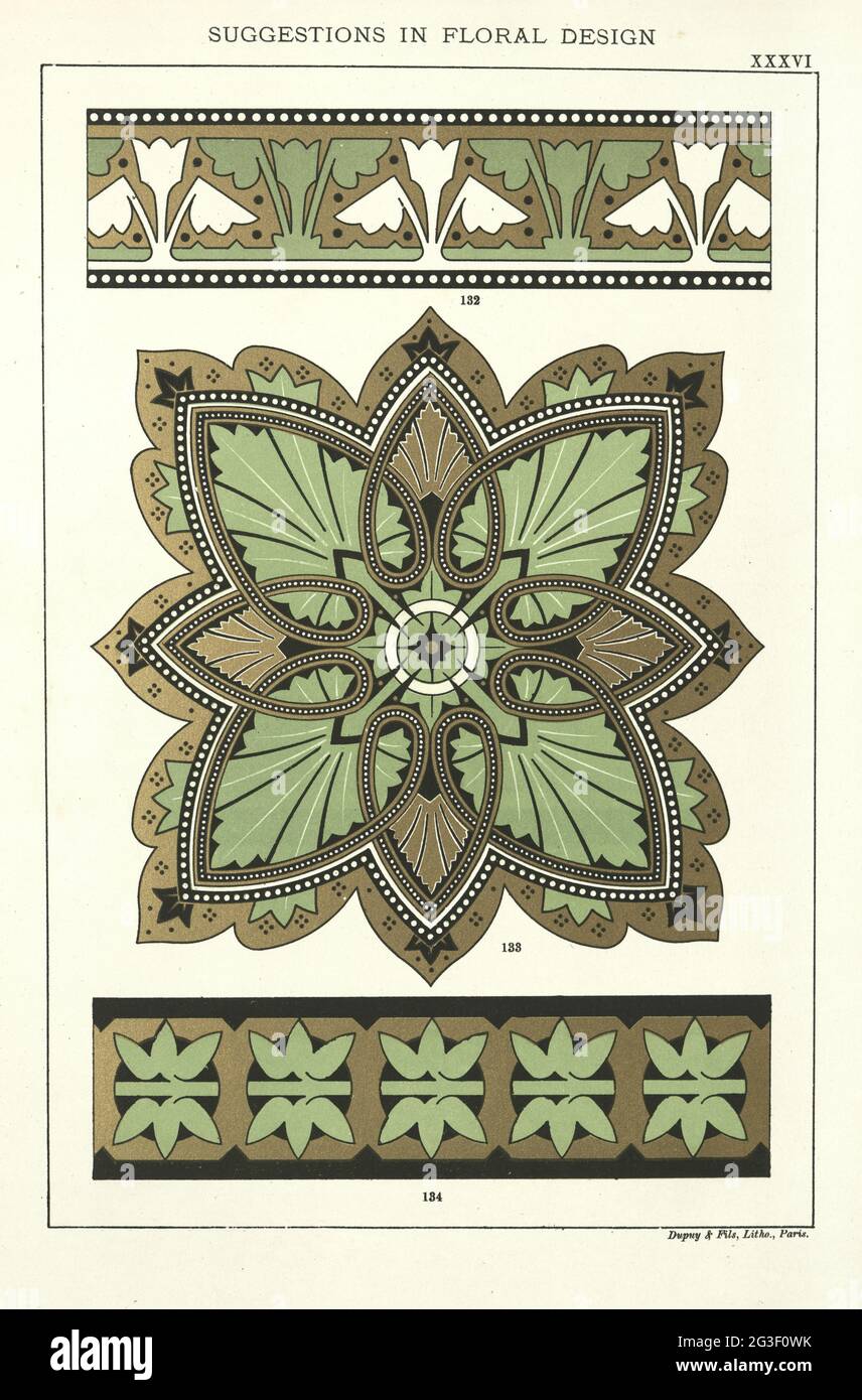 Illustrazione d'epoca di suggerimenti nel disegno floreale, motivi vittoriani del 19 ° secolo Foto Stock