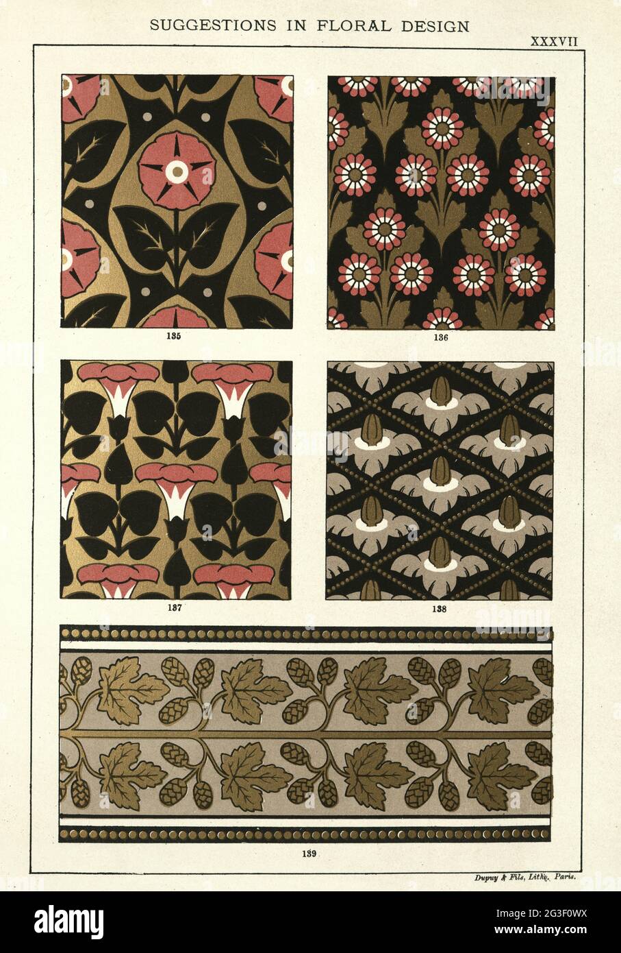 Vintage illustrazione di suggerimenti in disegno floreale, vittoriano 19 ° secolo motivi Foto Stock