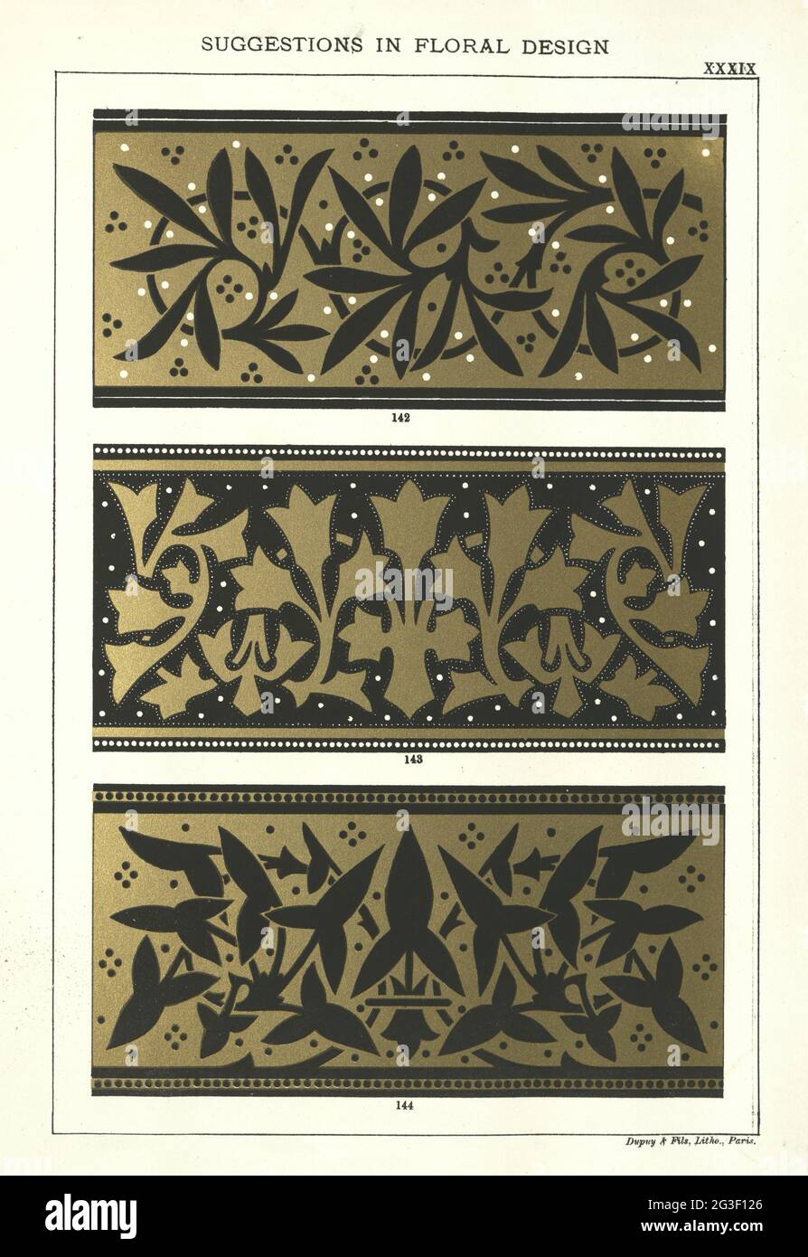 Suggerimenti nel disegno floreale, Luxury Victorian oro e motivi neri, 19 ° secolo decorazione arte Foto Stock
