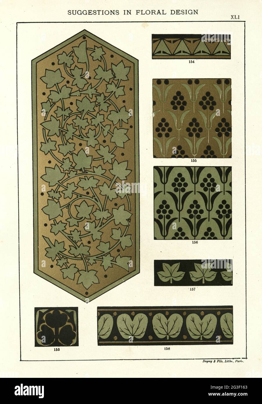 Suggerimenti nel disegno floreale, disegno decorativo vittoriano, oro verde, motivi di foglia Foto Stock