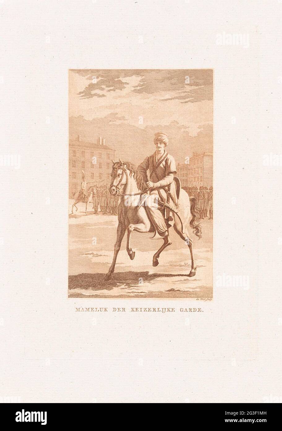 Mammeluk a cavallo; Mameluk der Imperial Garde. Cavaliere turco, dietro di lui soldati. Nel 1798 Napoleone entrò in Egitto e sconfisse il mammellukken. Napoleone fu impressionato dalla cavalleria mammelukiana e formò il proprio corpo di mammelukken per l'esercito imperiale francese. Foto Stock