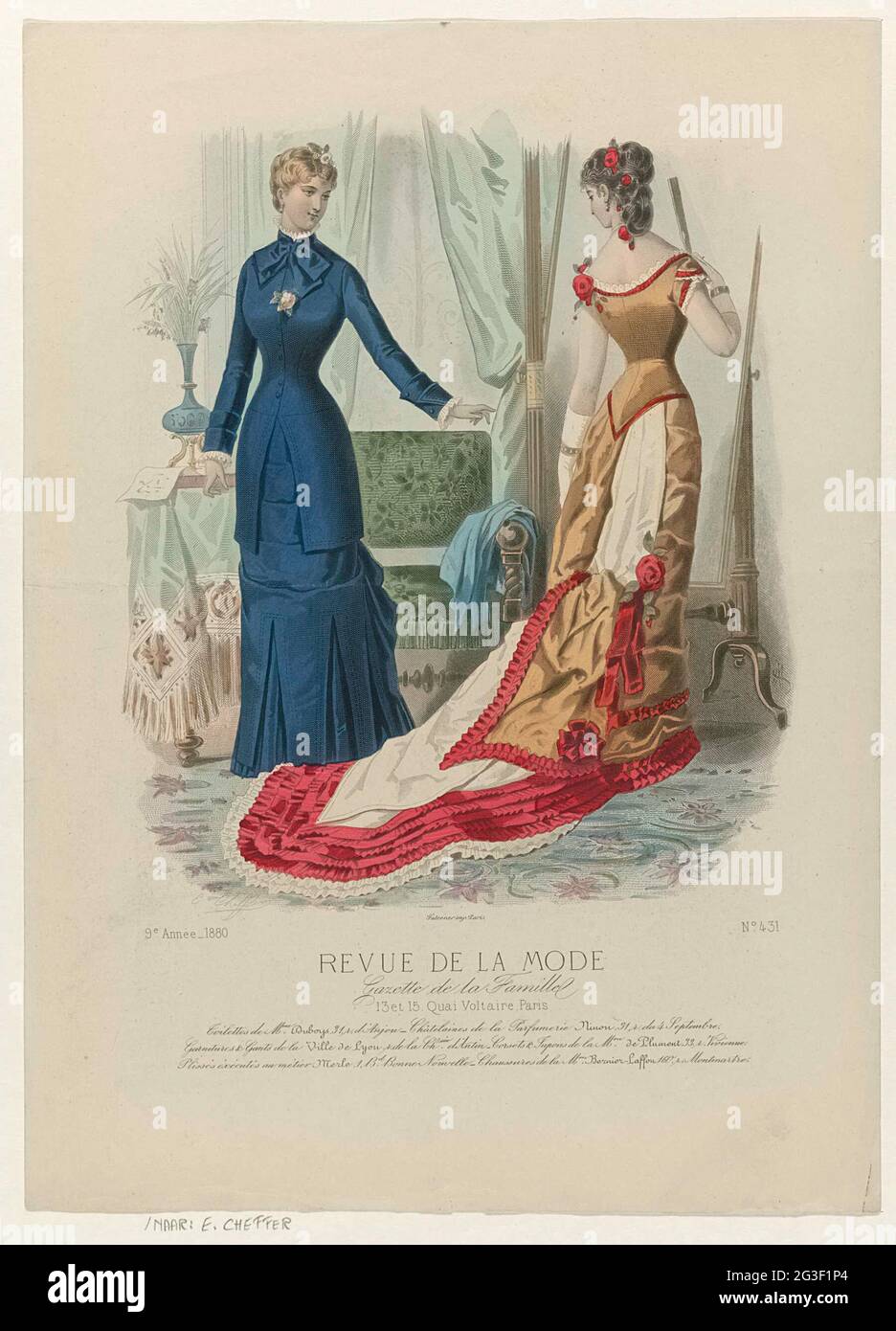 Revue de la fashion, Gazette de la Famille, Dimanche 3 Avril 1880, nono  Année, n° 431: Toilettes De Mme Duboys (). Due donne in un interno  vestito con abiti Duboys. La donna
